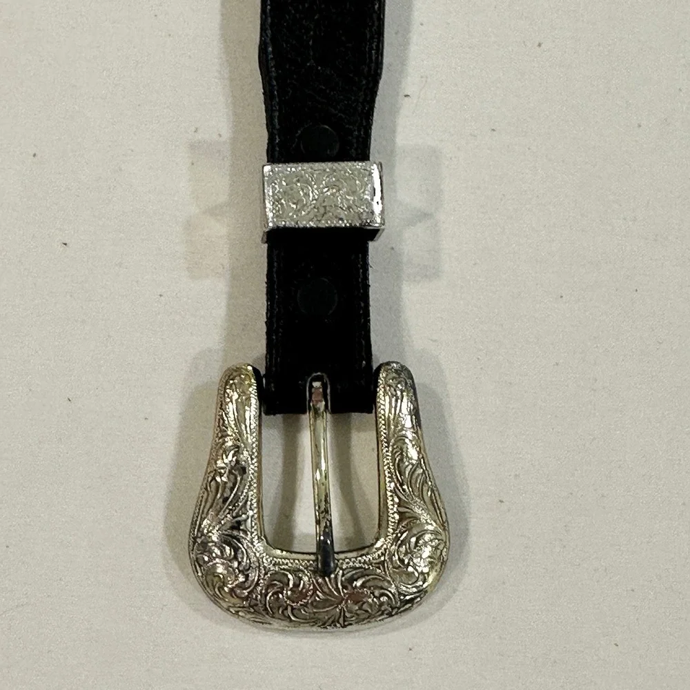 Nocona Mens Leather Western Belt 32 Black Engraved Silver Buckle USA G331